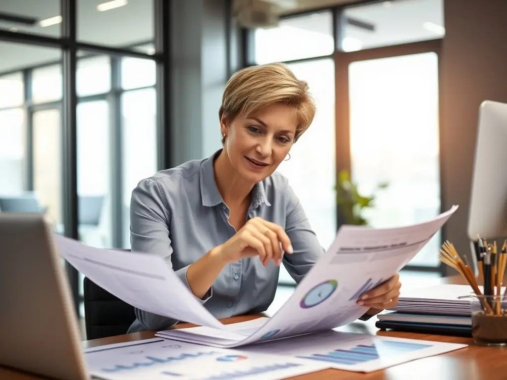 A professional accountant reviewing financial statements in a modern office setting, symbolizing comprehensive financial reporting.