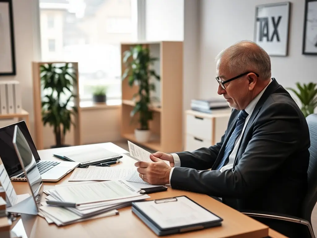 A tax professional analyzing tax documents and strategizing for tax optimization, representing tax compliance and strategy.